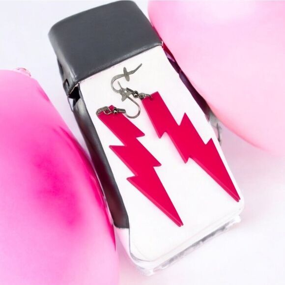 Neon Pink Lightning Bolt Earrings Blacklight Glow Party Glowwave 80s Retro Dark - Picture 7 of 7